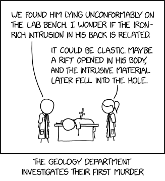After determining that his body was full of pipes carrying iron-rich fluid, our current theory is that the dagger-shaped object precipitated within the wound.
xkcd image