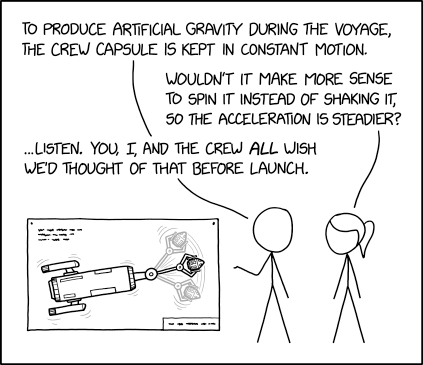 Low gravity can cause bone loss, so we're pleased to report that, since we initiated capsule motion, the number of bones in each crew member has been steadily increasing.
xkcd image
