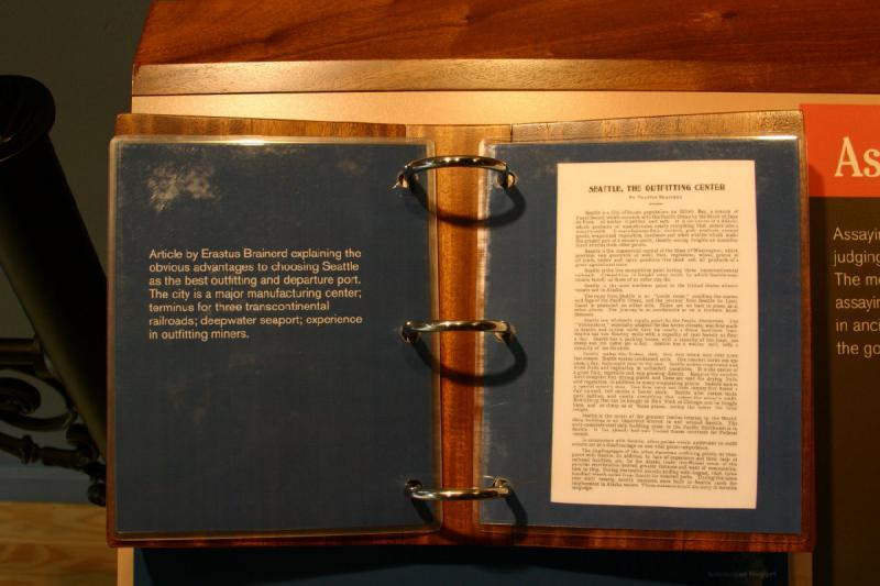 2007-09-03 10:16:10 ** Seattle ** Article by Erastus Brainerd explaining the obvious advantages to choosing Seattle as the best outfitting and departure port. The city is a major manufacturing center; terminus for three transcontinental railroads; deepwater seaport; experience in outfitting miners.