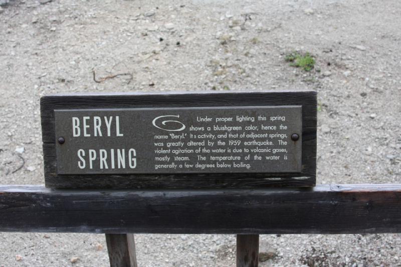 2009-08-02 15:56:13 ** Yellowstone National Park ** Description of Beryl Spring, a Geyser at the Gibbon Geyser Basin: 'Under proper lighting, this spring shows a bluishgreen color, hence the name 'Beryl.' Its activity, and that of adjacent springs, was greatly altered by the 1959 earthquake. The violent agitation of the water is due to volcanic gases, mostly steam. The temperature of the water is generally a few degrees below boiling.'