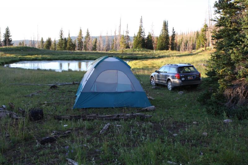 2010-08-21 19:39:17 ** Uinta Mountains ** For the second night, we picked a nice place near a small lake for our tent. Unfortunately it was very stormy during the night and the wind almost pulled our tent out of the ground.