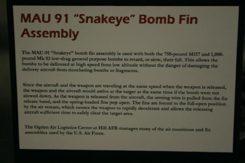 2007-04-08 12:55:48 ** Air Force, Hill AFB, Utah ** Description of MAU 91 'Snakeye' bomb fin assembly, which was used for bombs that were dropped at low altitude so the plane was not demaged.