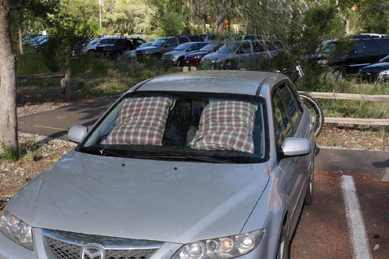 2011-05-29 08:29:58 ** Utah, Zion National Park ** Even pillows help to keep the hot sun outside the car.