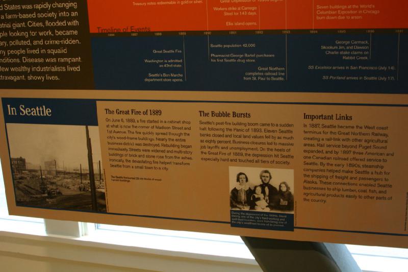 2007-09-03 10:09:38 ** Seattle ** In Seattle

The Great Fire of 1889

On June 6, 1889, a fire started in a cabinet shop at what is now the corner of Madison Street and 1st Avenue. The fire quickly spread through the city's wood-frame buildings. Nearly the entire business district was destroyed. Rebuilding began immediately. Streets were widened and multi-story buildings of brick and stone rose from the ashes. Ironically, the devestating fire helped transform Seattle from a small town to a city.

The Bubble Bursts

Seattle's post-fire building boom came to a sudden halt following the Panic of 1893. Eleven Seattle banks closed and local land values fell by as much as eighty percent. Business closures led to massive job layoffs and unemployment. On the heels of the Great Fire of 1889, the depression hit Seattle especially hard and touched all tiers of society.

Important Links

In 1887, Seattle became the West coast terminus for the Great Northern Railway, creating a rail-link with other agricultural areas. Rail service beyond Puget Sound expanded, and by 1897 three American and one Canadian railroad offered service to Seattle. By the early 1890s, steamship companies helped make Seattle a hub for the shipping of freight and passengers to Alaska. These connections enabled Seattle businesses to ship lumber, coal, fish, and agricultural products easily to other parts of the country.