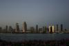 Skyline von San Diego. Im Vordergrund einige Blüten von Coronado Island, von wo aus man diese Aussicht auf die Stadt hat.