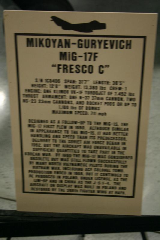 2007-04-08 14:17:12 ** Air Force, Hill AFB, Utah ** Description of the Mikoyan-Gurevich MiG-17F 'Fresco C'.