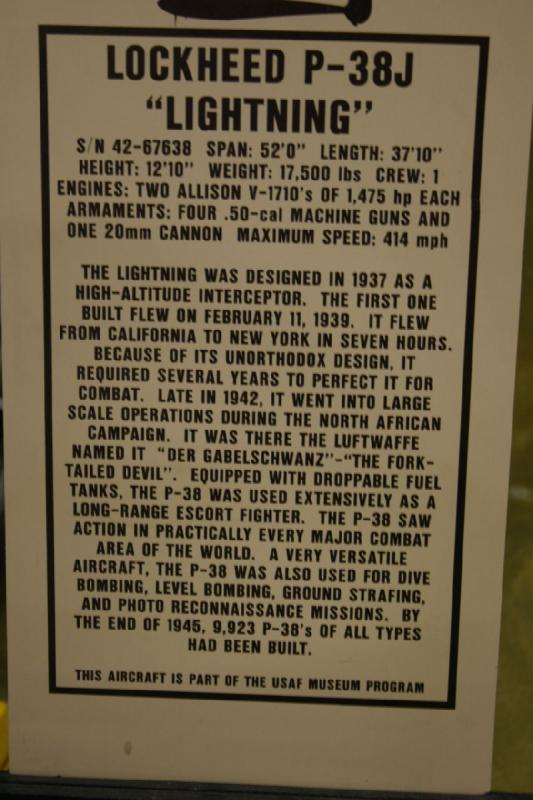 2007-04-01 15:31:08 ** Air Force, Hill AFB, Utah ** Description of the Lockheed P-38J 'Lightning'.