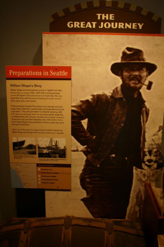 2007-09-03 10:22:22 ** Seattle ** The Great Journey

Preparations in Seattle

William Shape's Story

William Shape and three partners arrived in Seattle from New York by train on August 28th, 1897. After booking passage on the SS Queen scheduled to leave on September 8th, they spent their time selecting and purchasing provisions such as sleds, pans, picks, and shovels.

Food purchases included 'flour, beans, rice, oatmeal, commeal sugar, bacon, hard tack, canned meats, and evaporated fruits and vegetables.' They also purchased 'a complete camping outfit, 6 ft whip saw and large cross cut saw, packsaddles, tarpaulins, a .44 Winchester rifle, shot gun, revolvers and a number of books.' To haul this load over their intended route of the Dalton Trail to Five Fingers Rapids, they purchased a bull, two steers, two oxen and hay to feed them.

When two of the party, the Oppenheimer brothers, backed out, William Shape and George Hartmann determined to go on together.