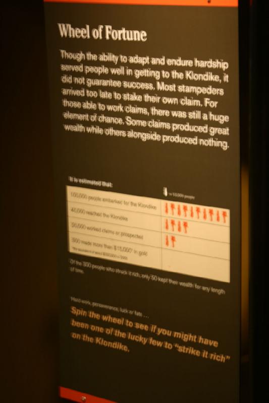 2007-09-03 11:19:04 ** Seattle ** Glücksrad

Obwohl Anpassungsvermögen und Opferbereitschaft den Leuten half, den Klondike zu erreichen, war dies noch keine Garantie für Erfolg. Die meisten Goldsucher erreichten den Klondike zu spät ihre eigenen Rechte abzustecken. Die, die Rechte bearbeiten konnten mußten sich immer noch auf ihr Glück verlassen. Einige Rechte produzierten großen Reichtum und andere direkt daneben produzierten nichts.

100.000 Leute brachen zum Klondike auf
40.000 erreichten den Klondike
20.000 arbeiteten auf Rechten und suchten nach Gold
300 machten mehr als $15.000 in Gold.
Von den 300 Leuten, die es zu Reichtum brachten, konnten nur 50 diesen Reichtum für einige Zeit halten.