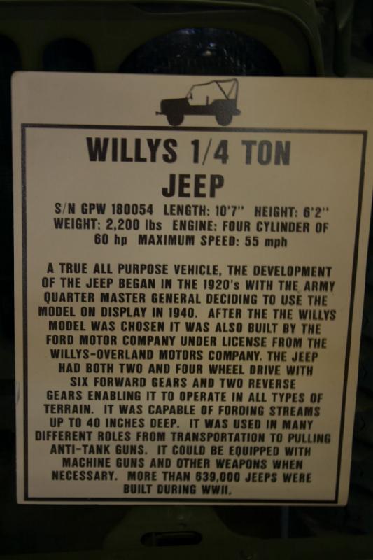 2007-04-01 15:14:44 ** Air Force, Hill AFB, Utah ** Beschreibung des Willys 1/4 ton Jeep. Dieses Fahrzeug hatte sechs Vorwärts- und zwei Rückwärtsgänge. Mehr als 639.000 wurden gebaut.