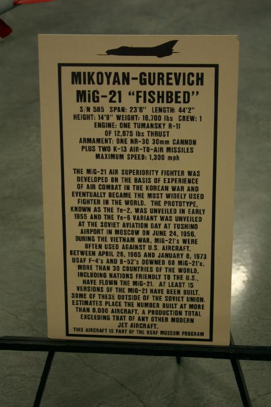 2007-04-08 14:15:28 ** Air Force, Hill AFB, Utah ** Description of the Mikoyan-Gurevich MiG-21 'Fishbed'.